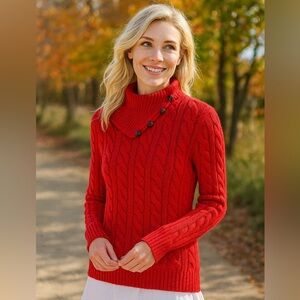 RALPH LAUREN BLUE LABEL COTTON CABLE KNIT RED TURTLENECK HOLIDAY SWEATER